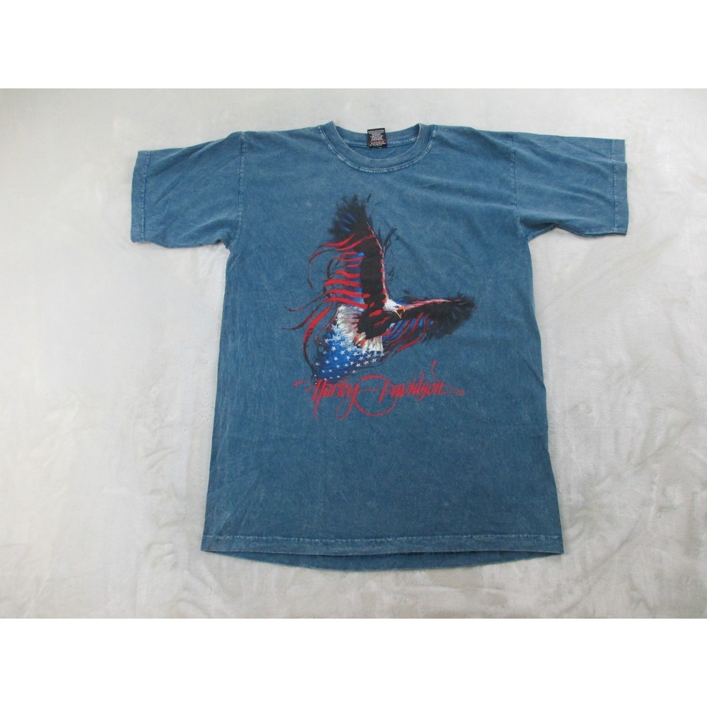 VINTAGE‎ Harley Davidson Shirt Mens Medium Blue Eagle Laramie Motorcycle 00s*